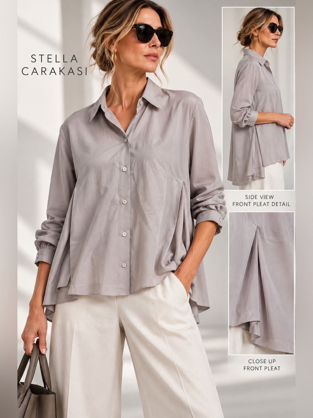Stella Carakasi Double Layer Button Front Shirt Gray Taupe Lagenlook Size M